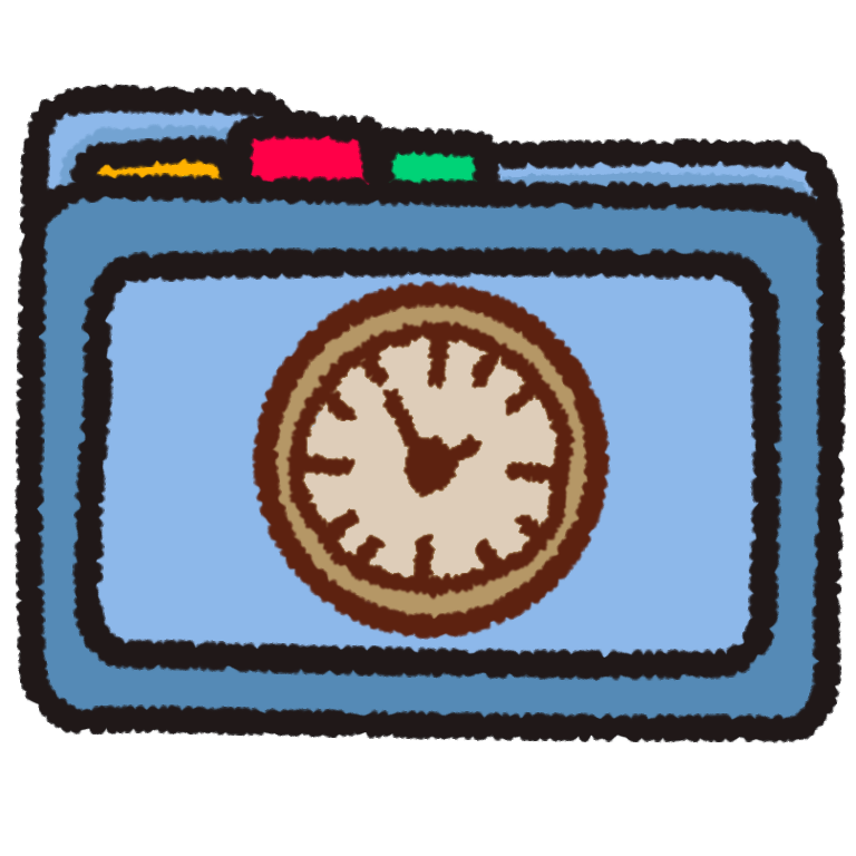 A light blue folder with three colored tabs poking out the top. On the front of the folder is a clock drawn in shades of brown.